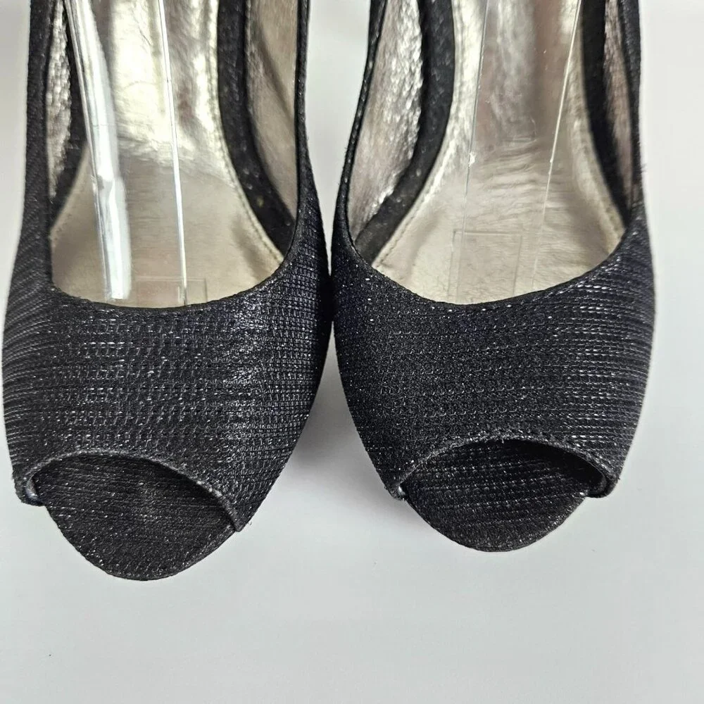 Adrianna Papell Womens Size 7 Black Glitter Peep Toe Slingback High Heels 4.5